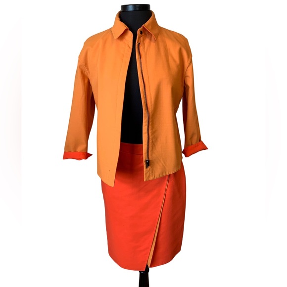 AKRIS Reversible Natalie Jacket Matching Skirt Set Two Toned Orange Cotton - Picture 2 of 16